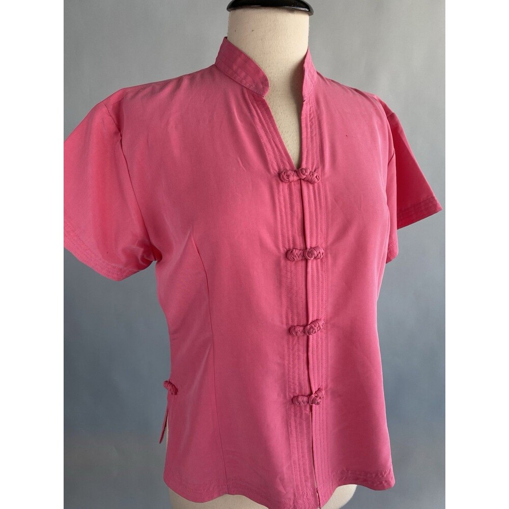 Womens Vintage Pink Silk Tea Timer Tiki Blouse Large 44 Bust Made In Cambodia